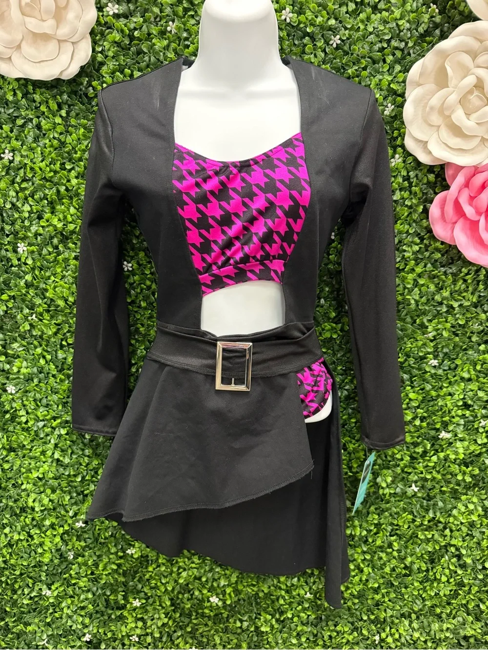 Girls' Black Dance Costume with Pink Houndstooth Accent